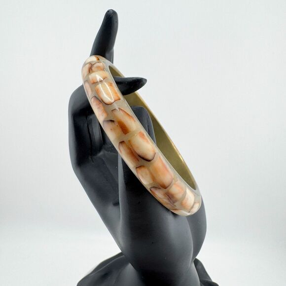 Vintage 1970s Mosaic Shell Inlay Bangle Brass Bracelet Boho Natural Earth Tone - Picture 6 of 10